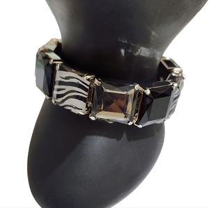 Beautiful black zebra print  glass stone and silver stretch bracelet
